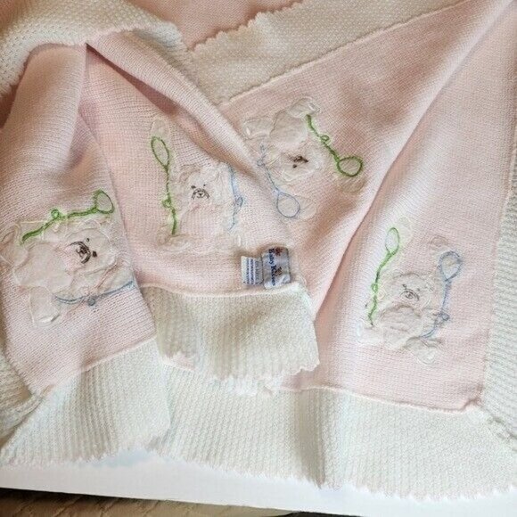 Baby Kisses vintage acrylic blanket bears and balloons  pink white - Picture 7 of 8